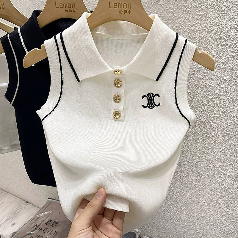 Chanel style polo collar sleeveless vest knitted top 1