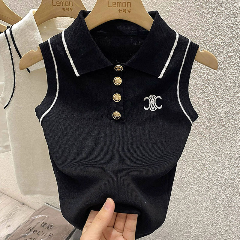 Chanel style polo collar sleeveless vest knitted top 1 02