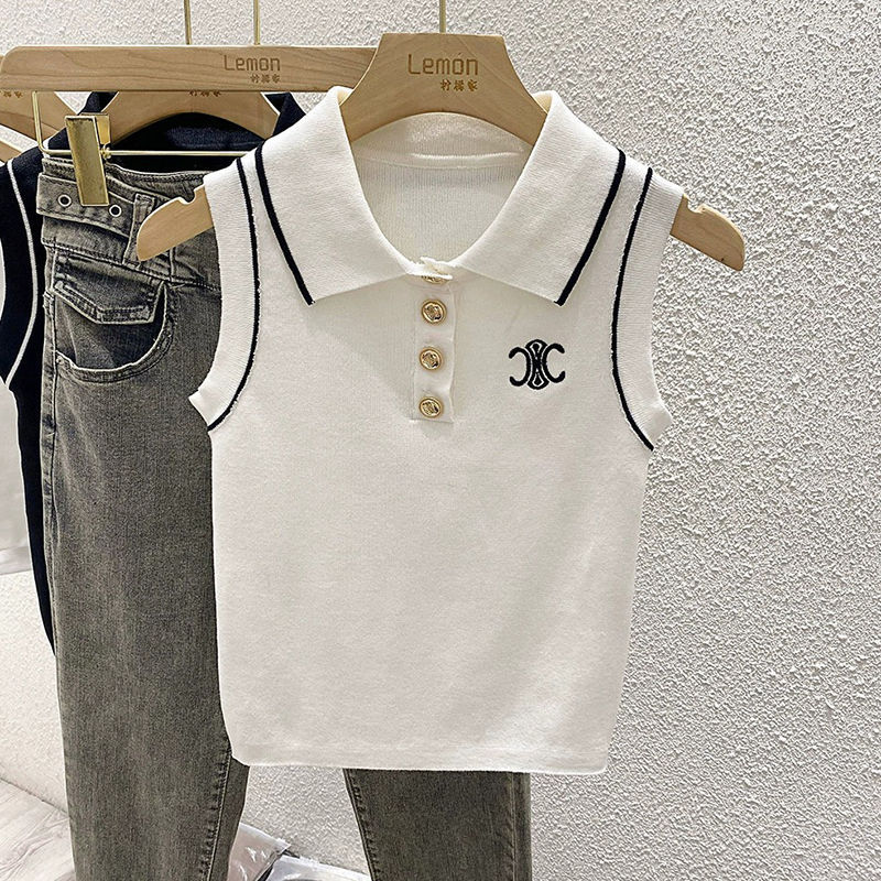 Chanel style polo collar sleeveless vest knitted top 1