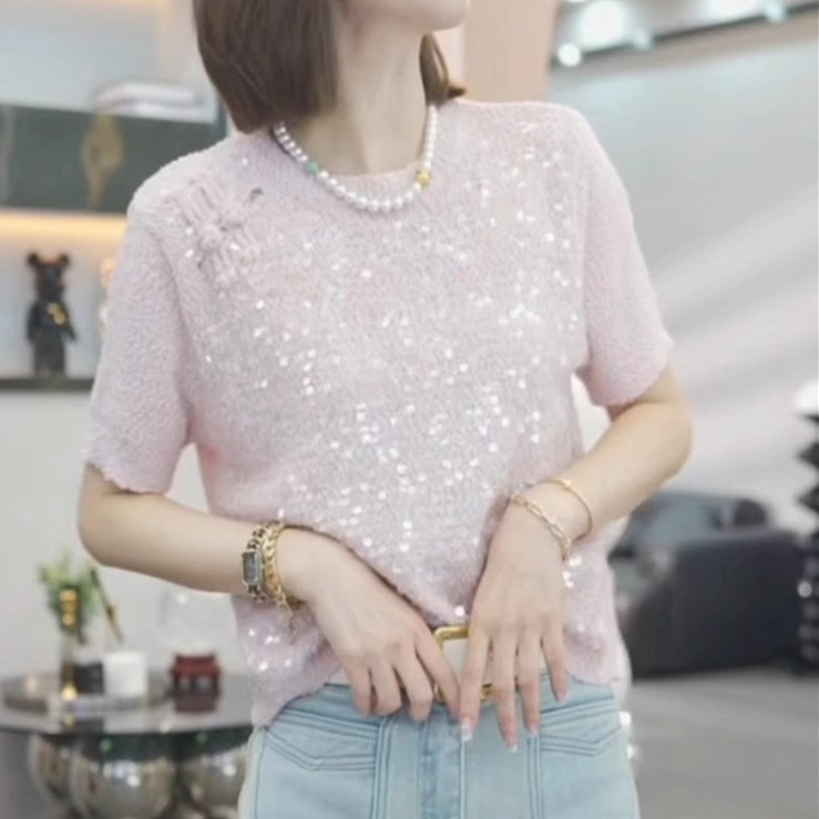 New Chinese style buttoned sequined short-sleeved sweater 2 01