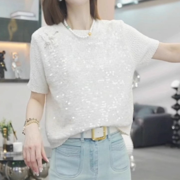 New Chinese style buttoned sequined short-sleeved sweater 2 02