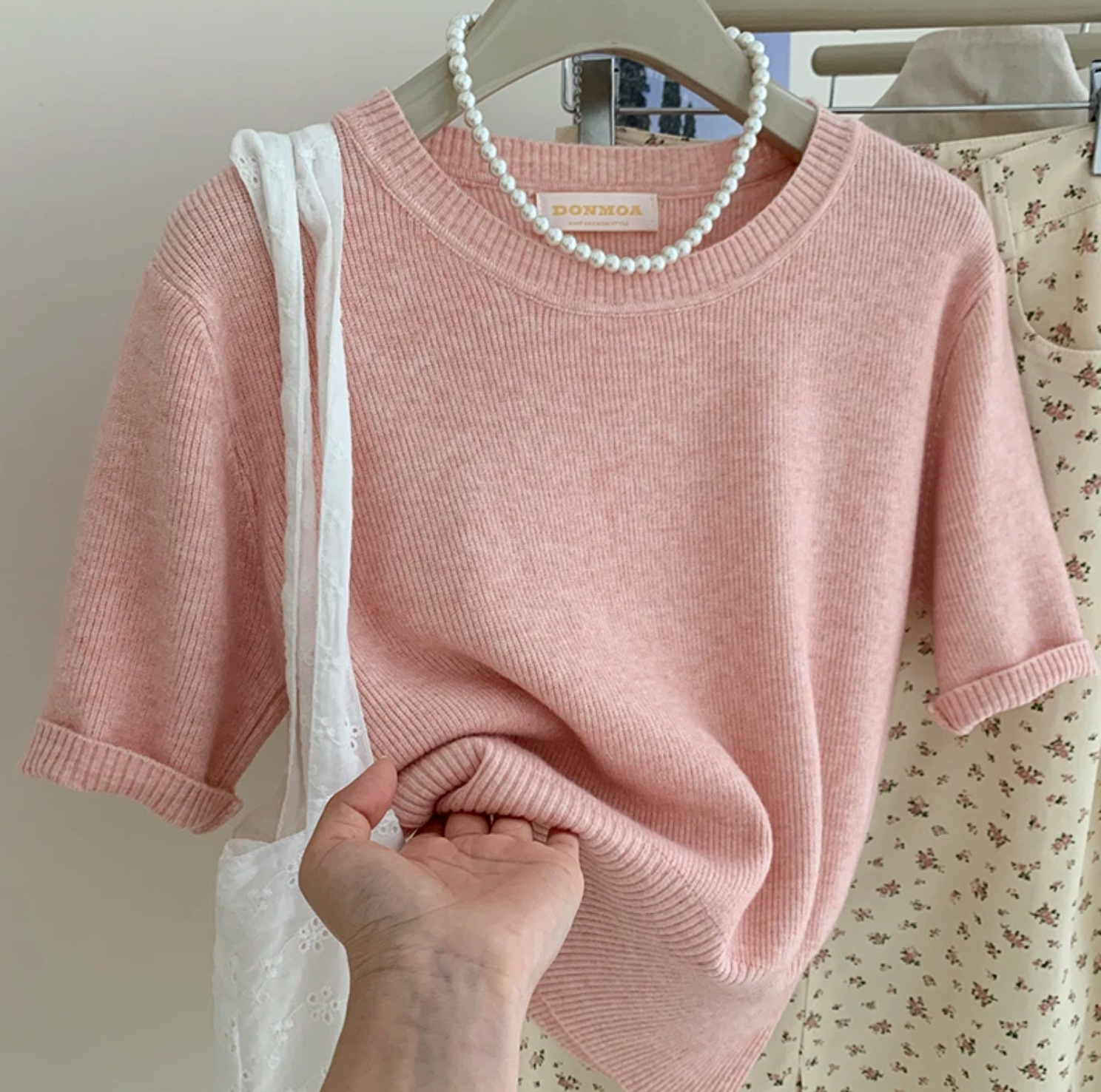 Solid color temperament versatile knitted short sleeves 7